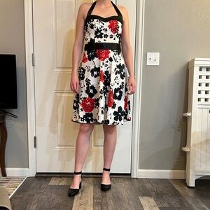 Floral Halter Dress - Red and Black